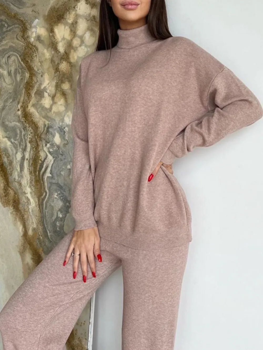 Turtleneck Long Sleeve Top and Drawstring Pants Sweater Set Taupe One Size Easy Apparels
