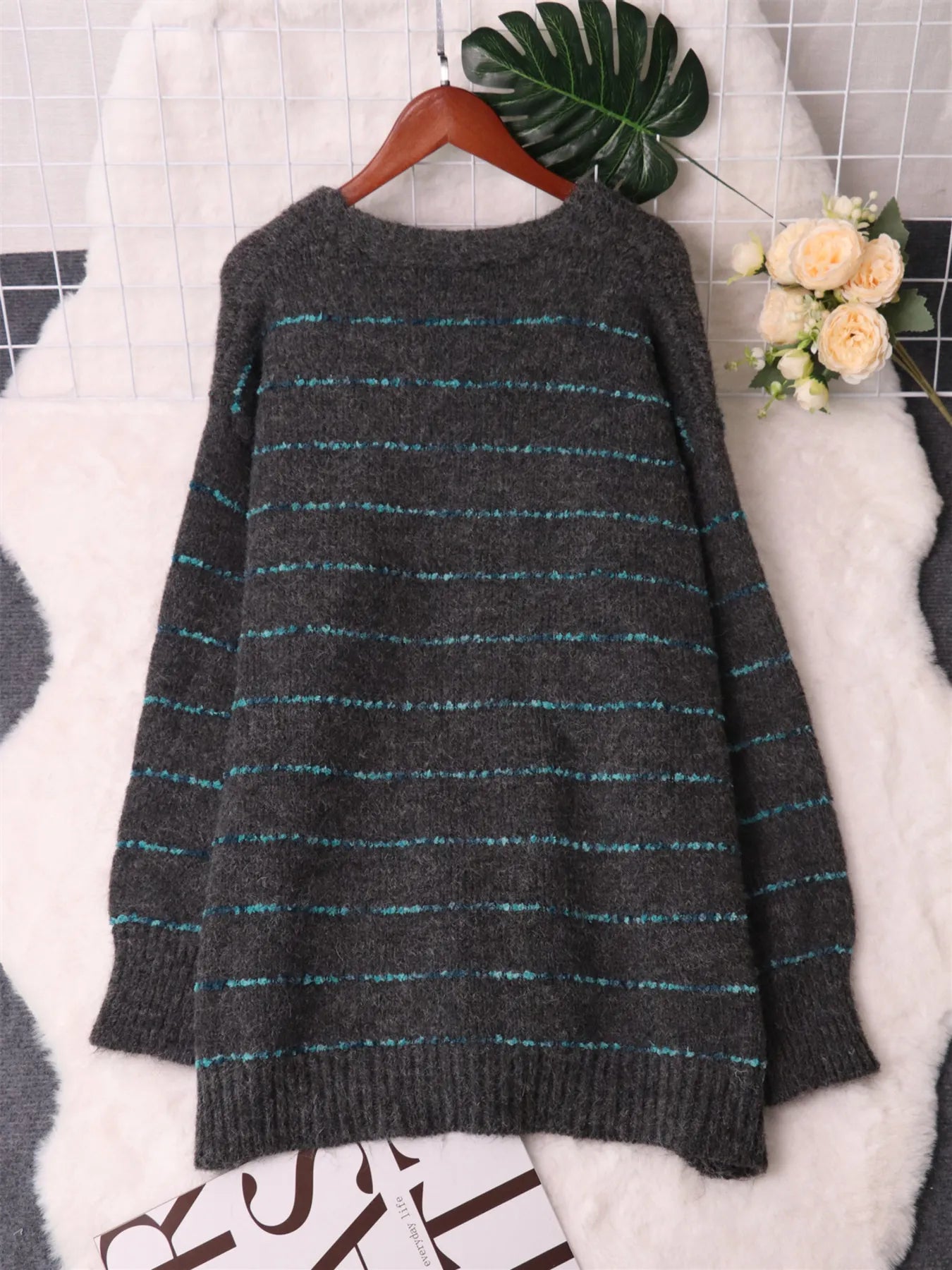 Striped Button-Up Cardigan with V-Neck Design Easy Apparels