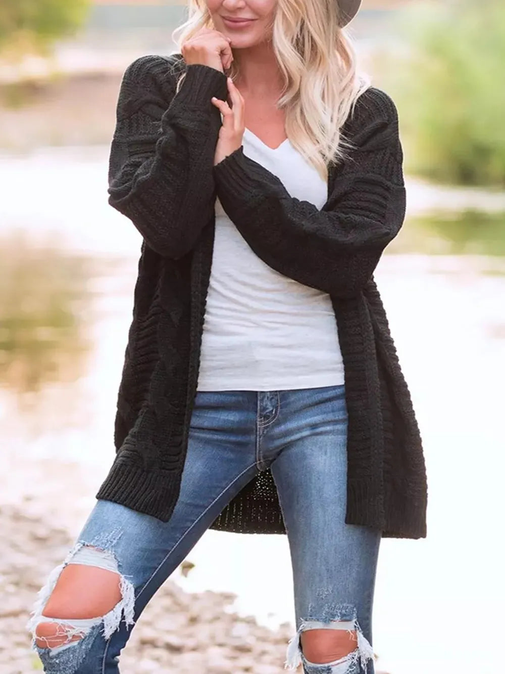 Cable-Knit Open Front Long Sleeve Cardigan Black Easy Apparels