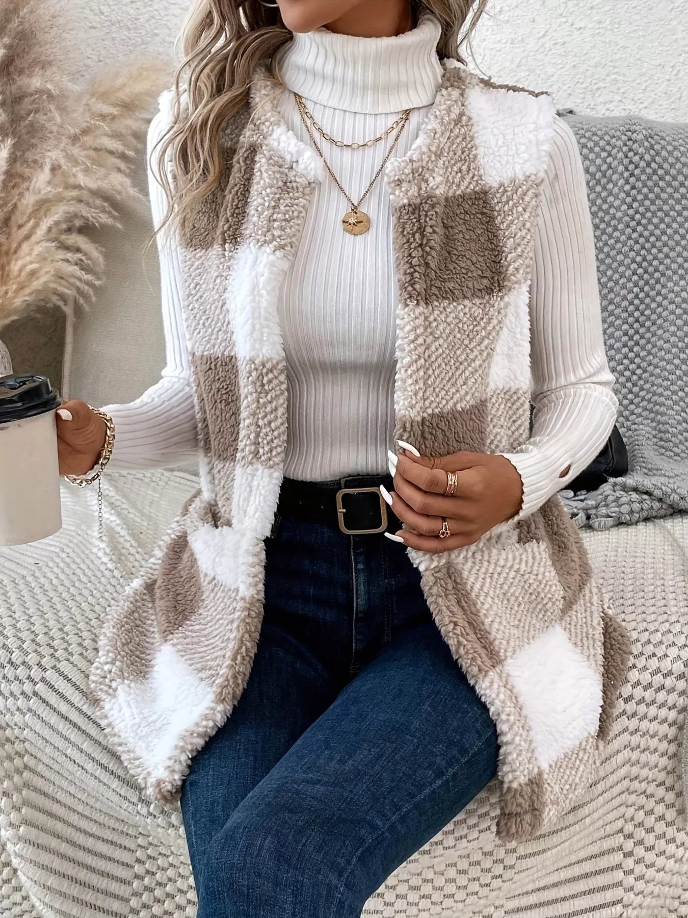 Plaid Sherpa Vest Coat with Pockets Easy Apparels