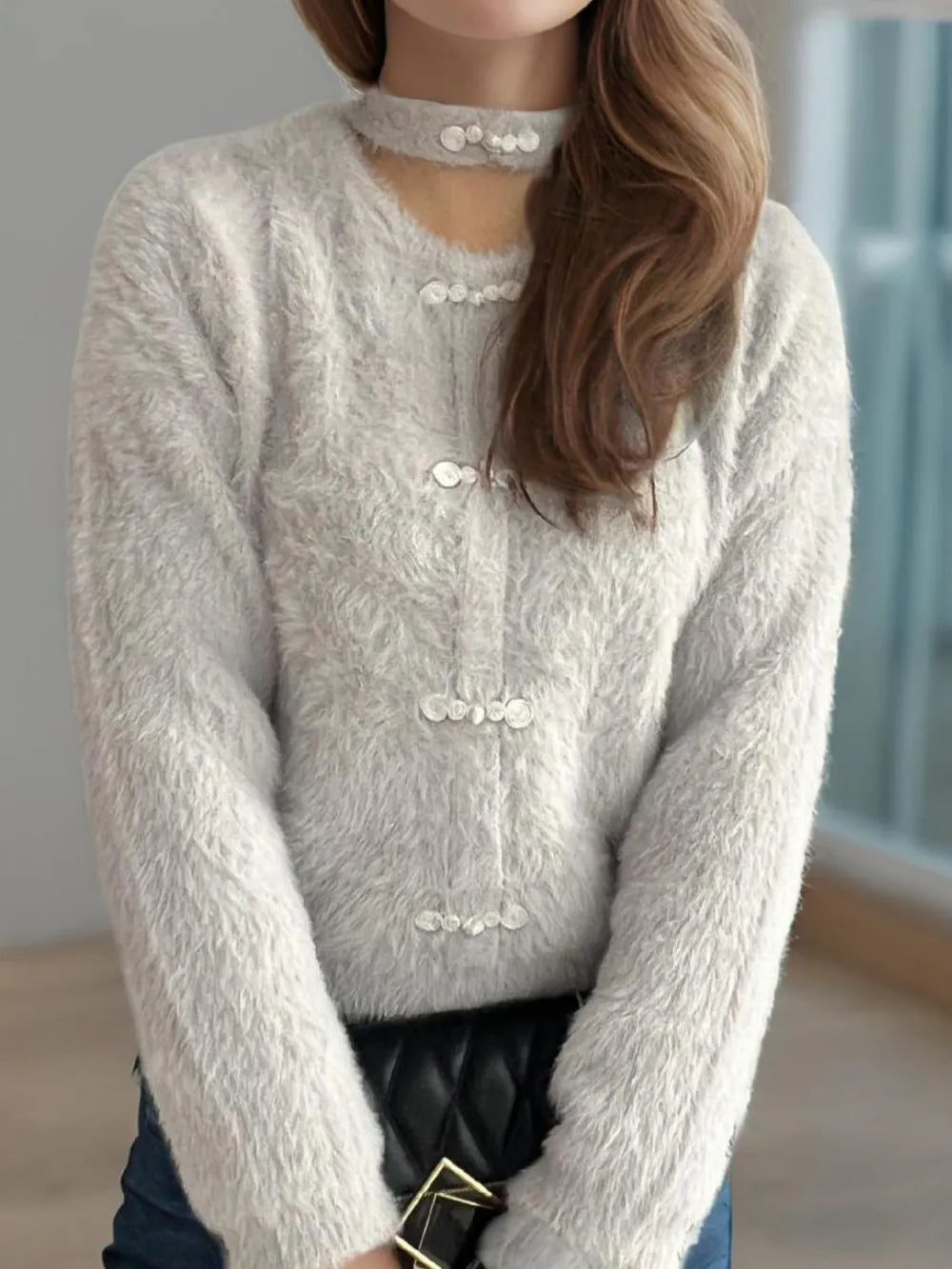 Cutout Knot Button Long Sleeve Cardigan Easy Apparels