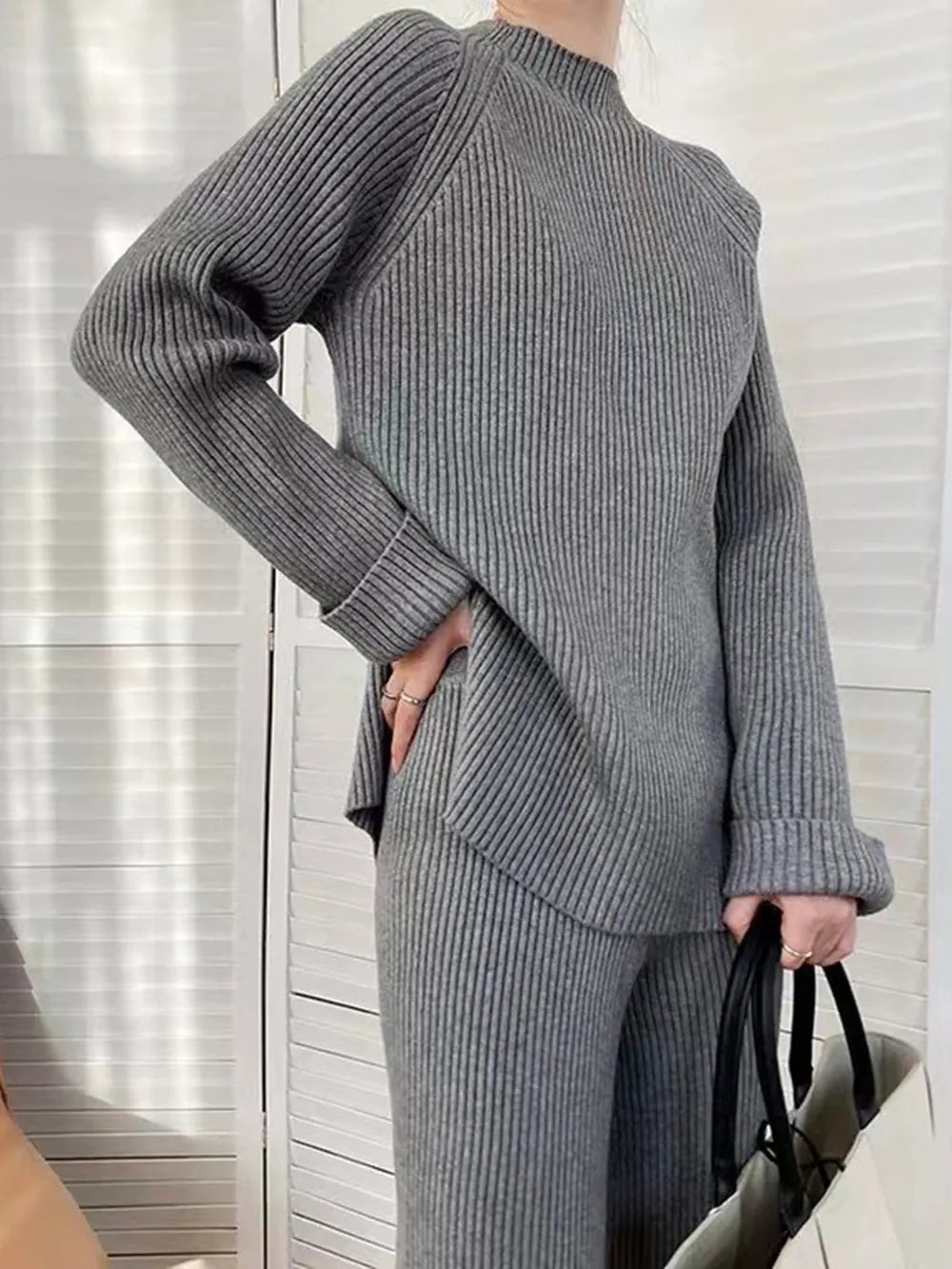 Mock Neck Raglan Sleeve Top and Pants Sweater Set Dark Gray One Size Easy Apparels