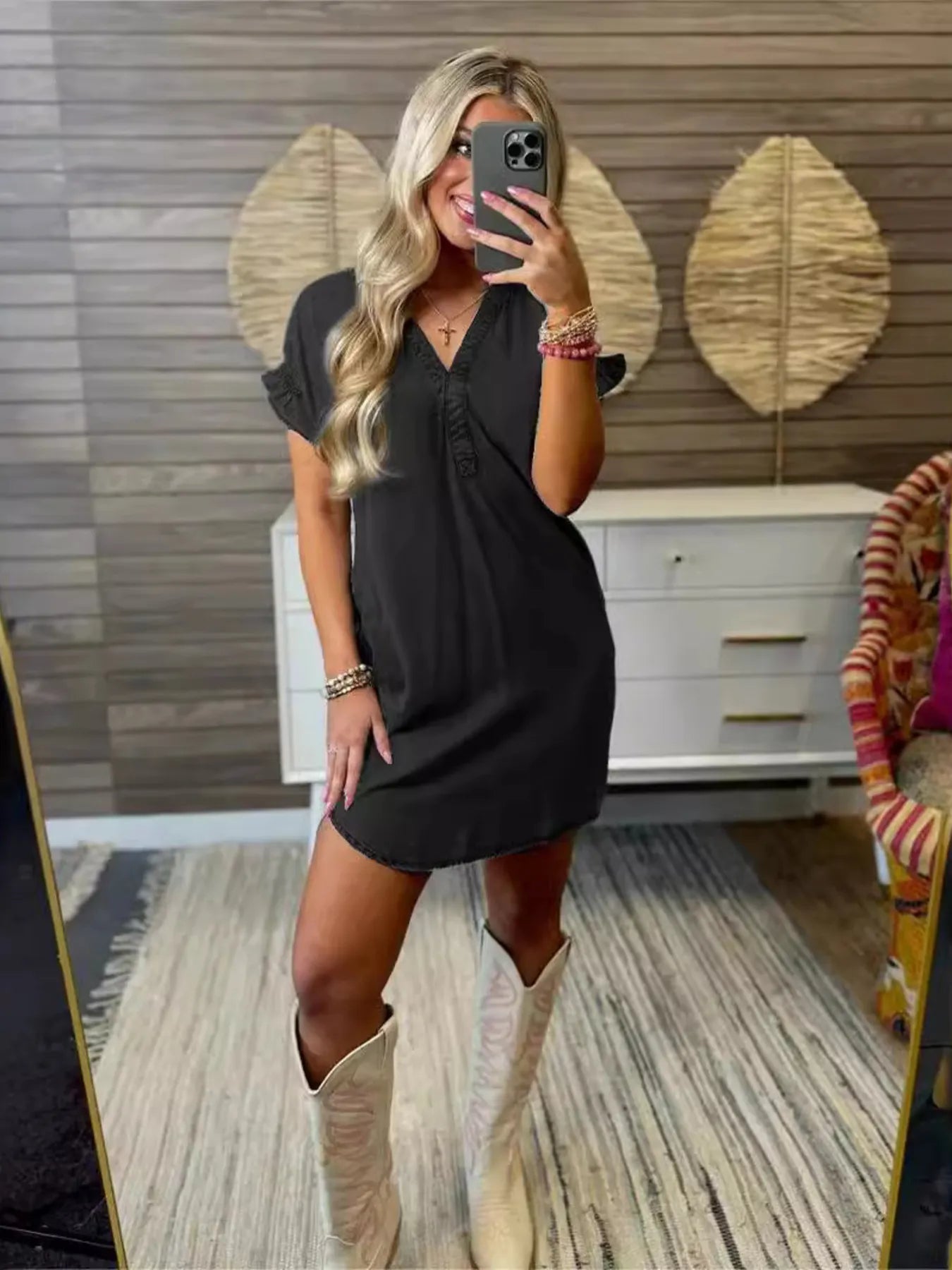Full Size V-Neck Short Sleeve Denim Dress Plus Size Black Easy Apparels