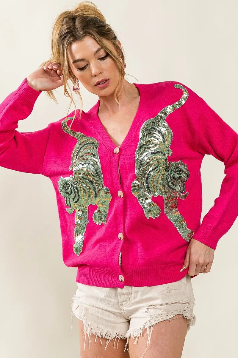 BiBi Front Tiger Sequin Patch V-neck Sweater Cardigan Easy Apparels