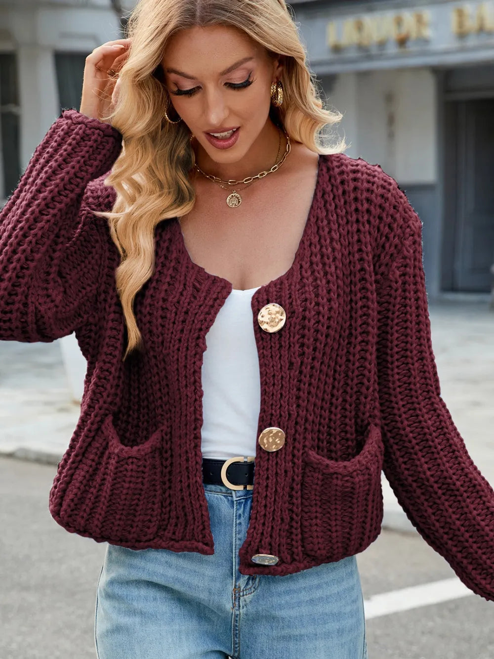 Round Neck Button Up Cardigan with Pockets Burgundy Easy Apparels