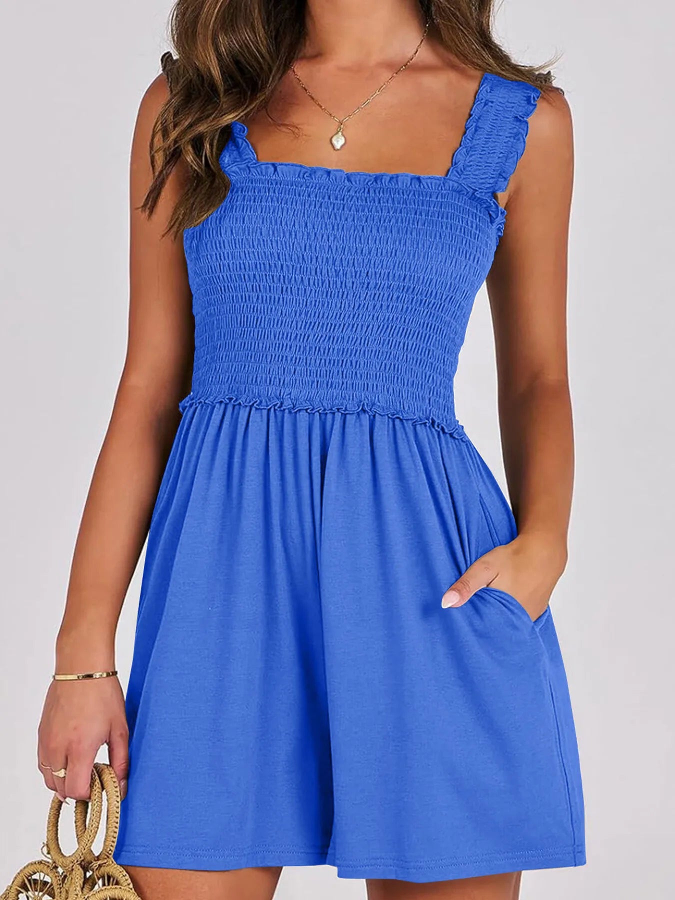 Smocked Square Neck Summer Romper Blue Easy Apparels