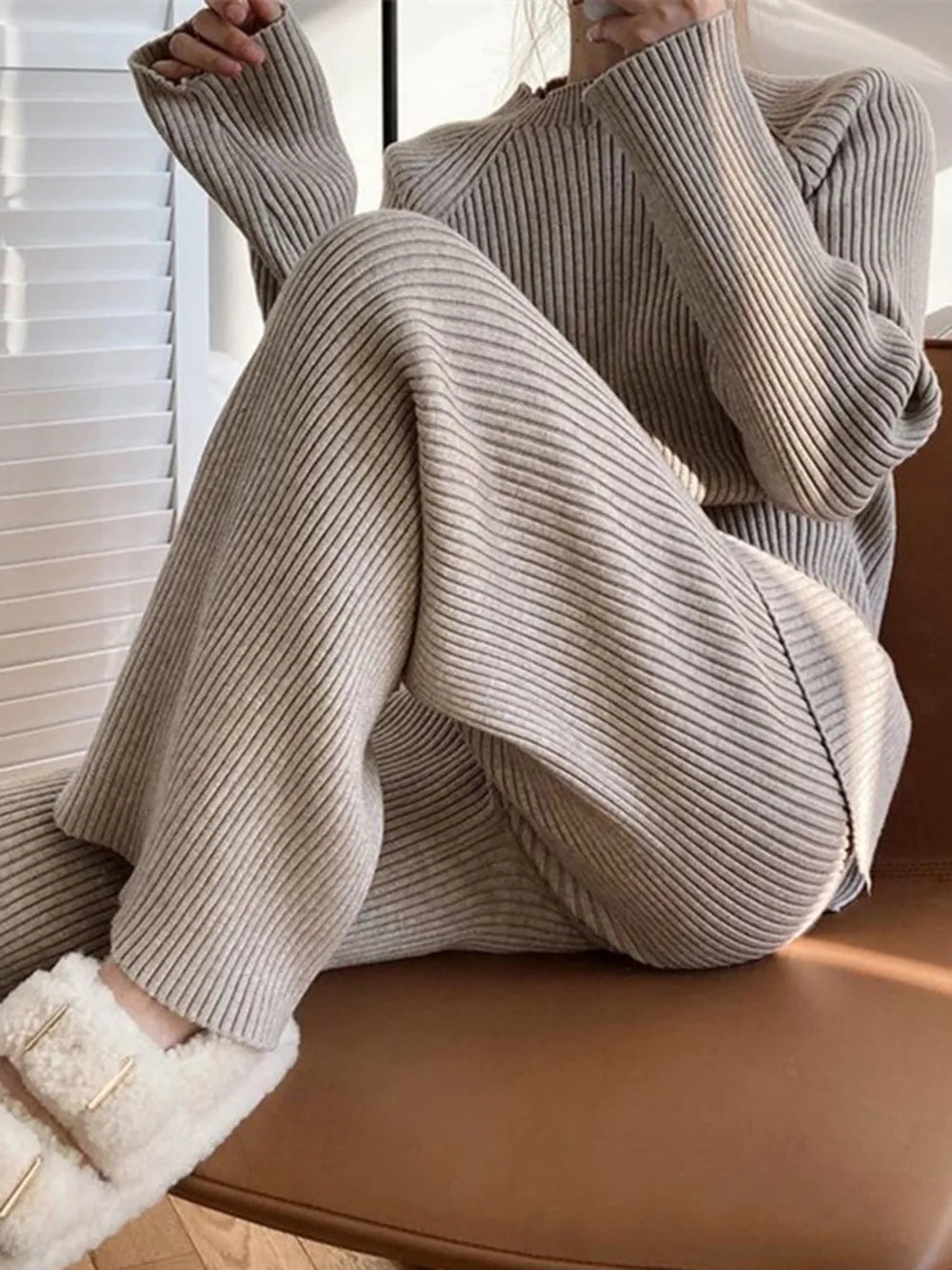 Mock Neck Raglan Sleeve Top and Pants Sweater Set Easy Apparels