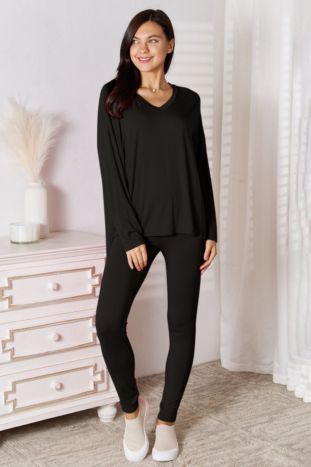 Basic Bae Full Size V-Neck Soft Rayon Long Sleeve Top and Pants Lounge Set Black Easy Apparels