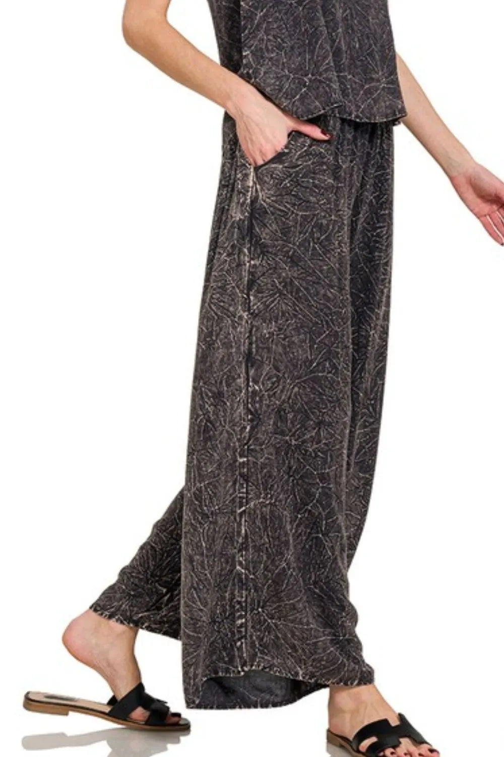 Zenana Woven Acid Crinkle Washed Cami & Pants 2 Piece Set Easy Apparels