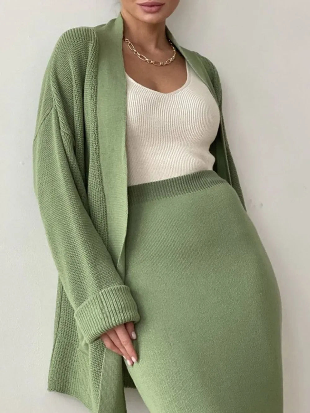 Pocketed Long Sleeve Cardigan and Skirt Sweater Set Easy Apparels