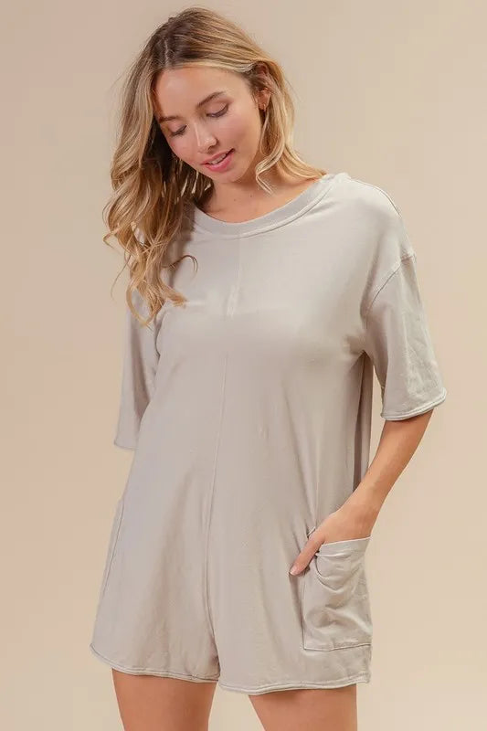BiBi Short Sleeve Back Open Washed Romper Easy Apparels