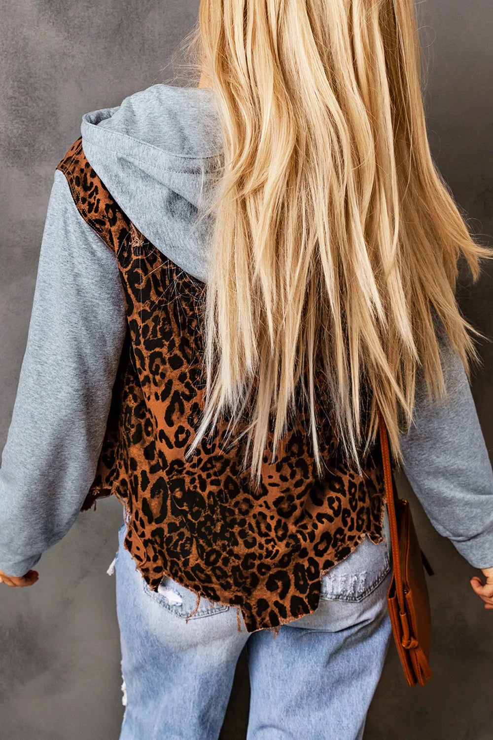 Leopard Distressed Drawstring Hooded Denim Jacket Easy Apparels