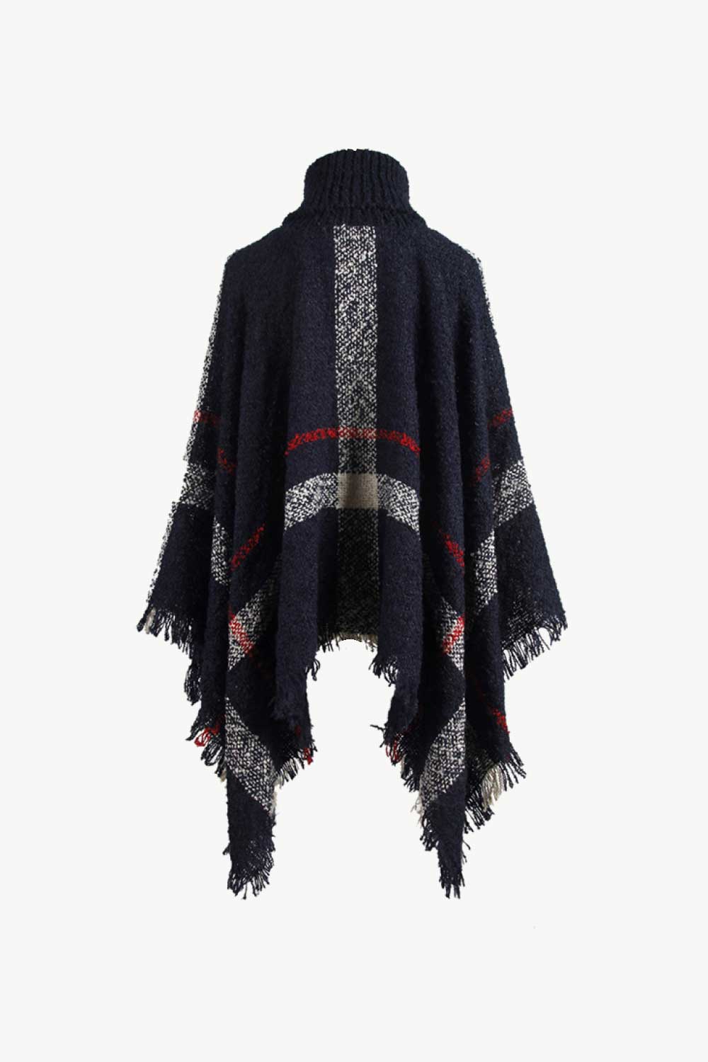 Plaid Turtleneck Raw Hem Poncho Easy Apparels