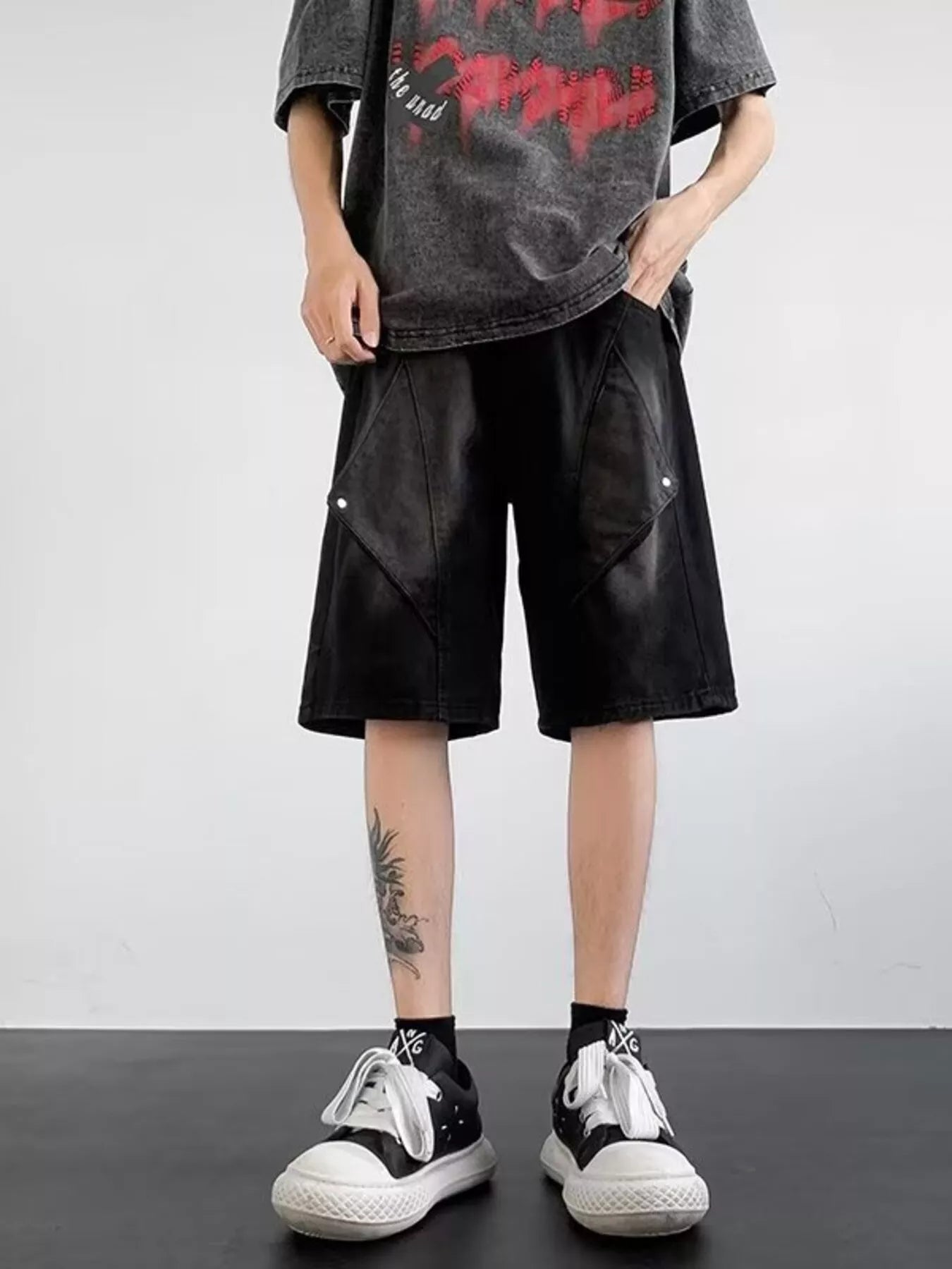Men's Plus Size Wash Denim Shorts with Pockets Black Easy Apparels
