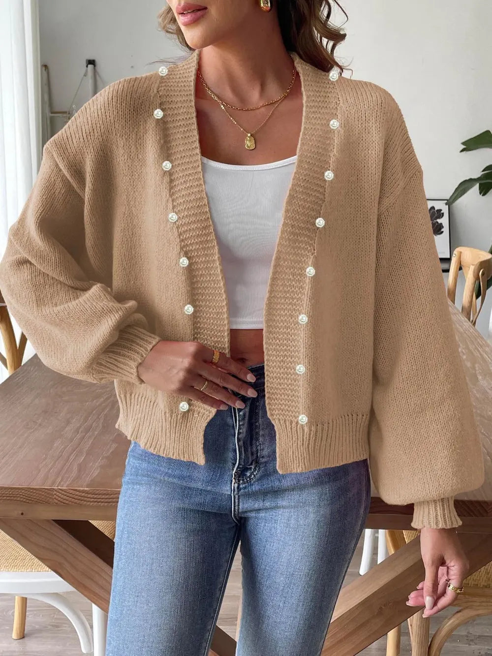 Pearl Open Front Long Sleeve Cardigan Tan Easy Apparels