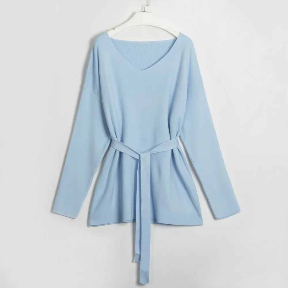V-Neck Long Sleeve Top and Drawstring Pants Sweater Set Easy Apparels