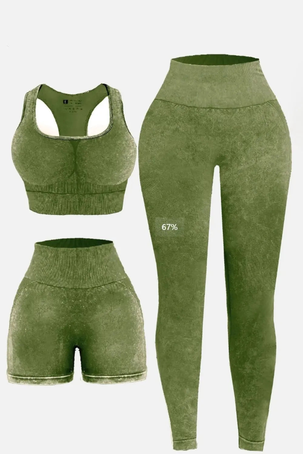 3 Piece Washed Square Neck Wide Strap Active Set Moss Easy Apparels