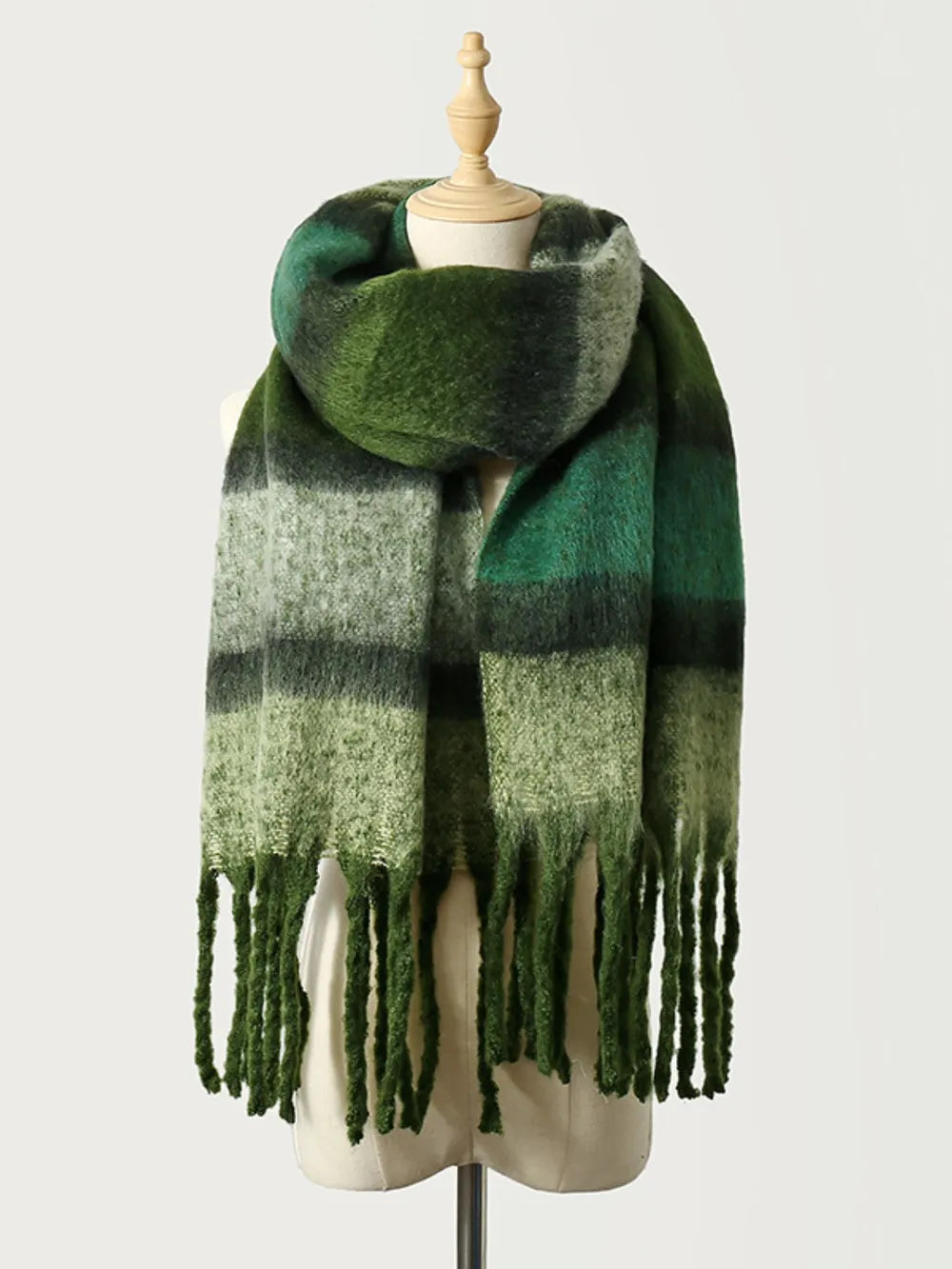 Fringe Color Block Polyester Scarf Dark Green One Size Easy Apparels