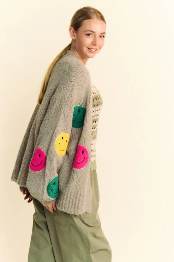 Davi & Dani Fuzzy Smile Open Front Long Sleeve Cardigan Easy Apparels
