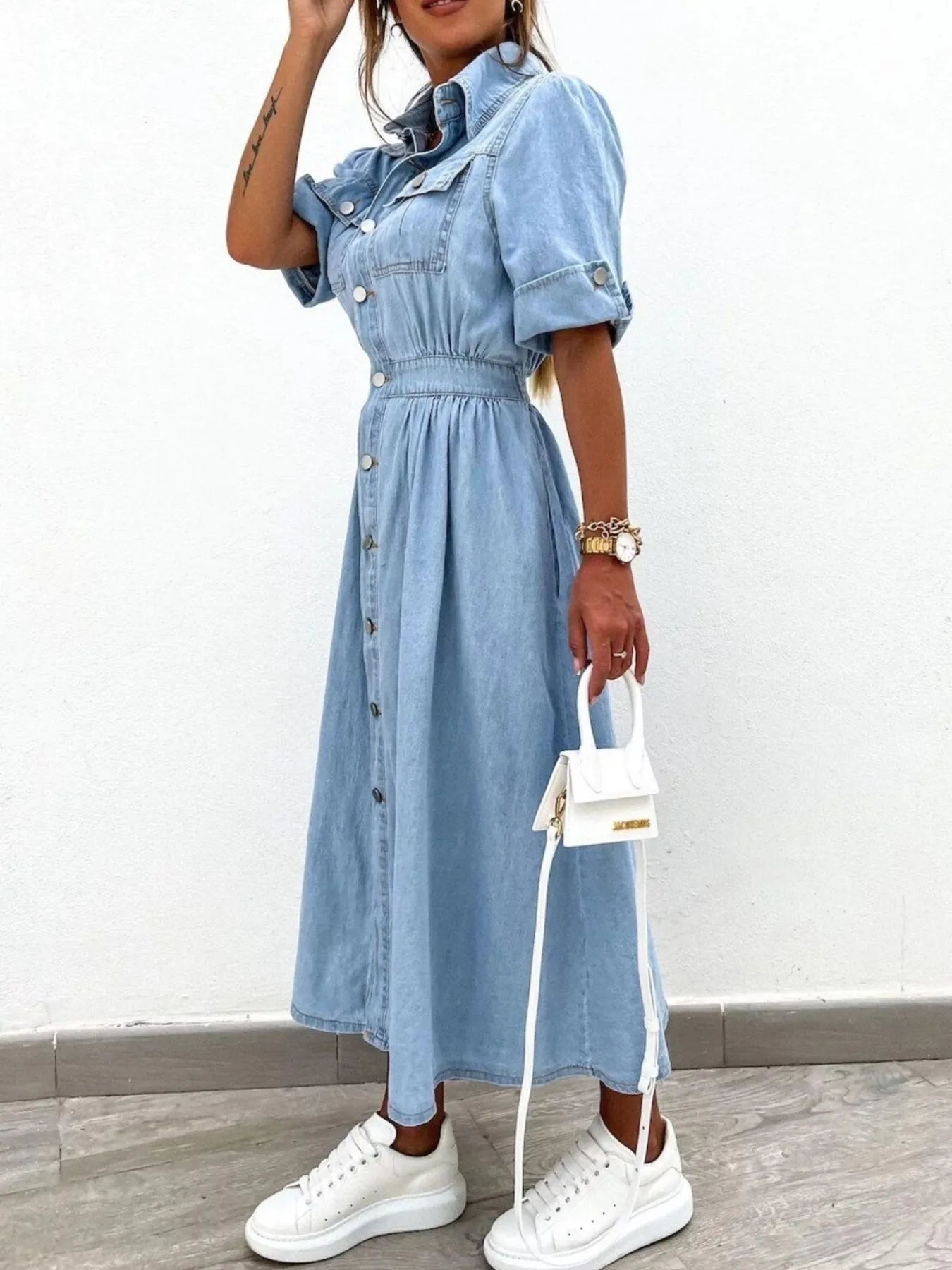 Full Size Button Down Roll-Up Sleeve Denim Shirt Dress Plus Size Easy Apparels