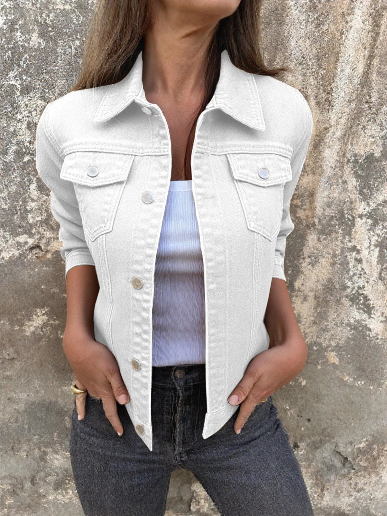 Button Front Closure Denim Jacket White Easy Apparels