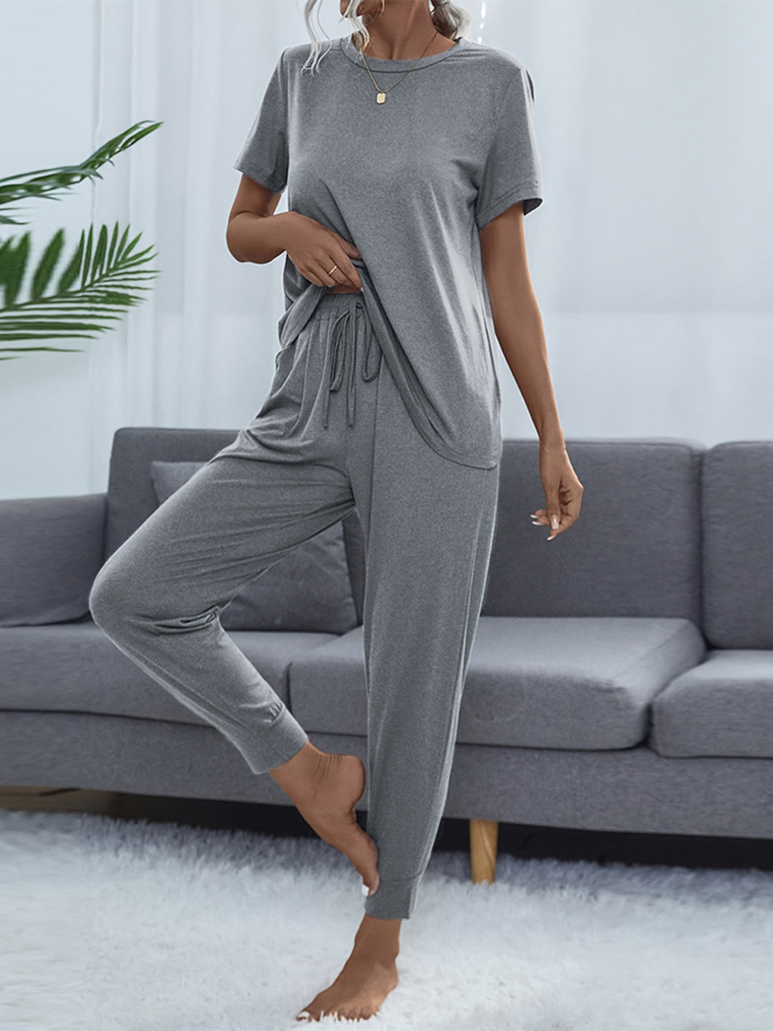 Shiny Round Neck Short Sleeve Top and Pants Set Cloudy Blue Easy Apparels