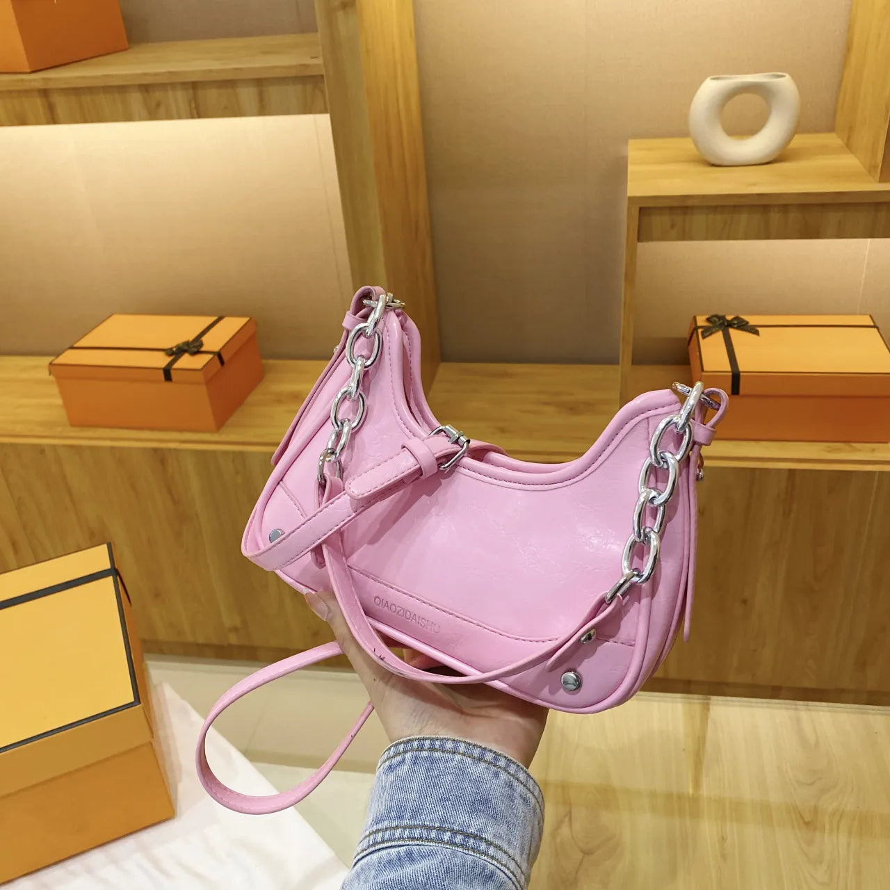 Chain Detail Leather Shoulder Bag Pink onesize Easy Apparels