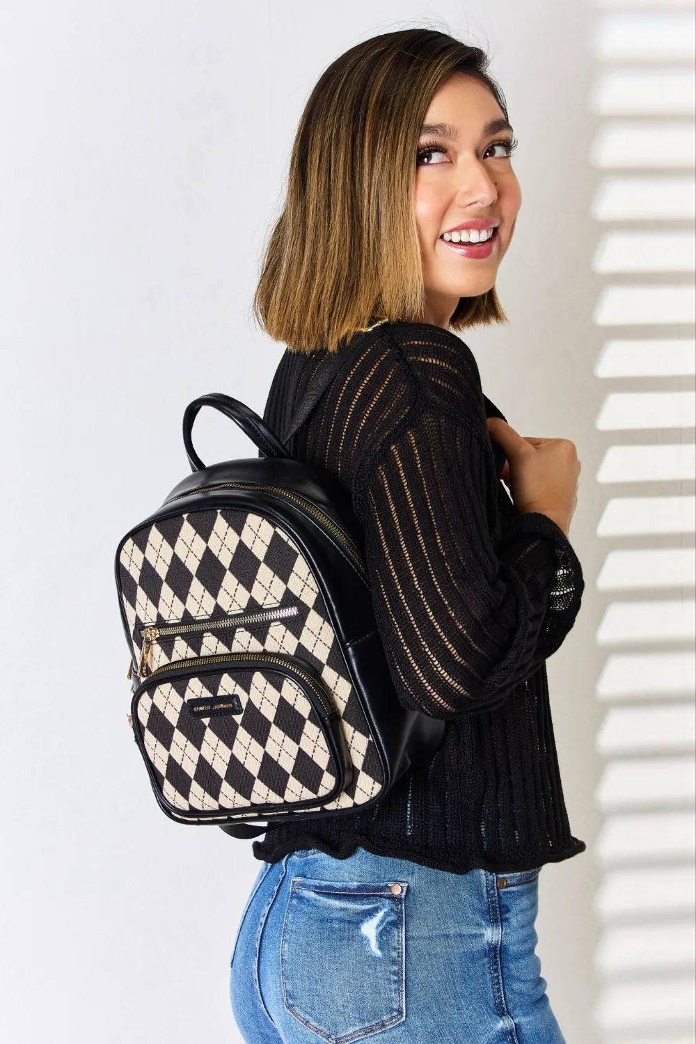 David Jones Argyle Pattern PU Leather Backpack Easy Apparels