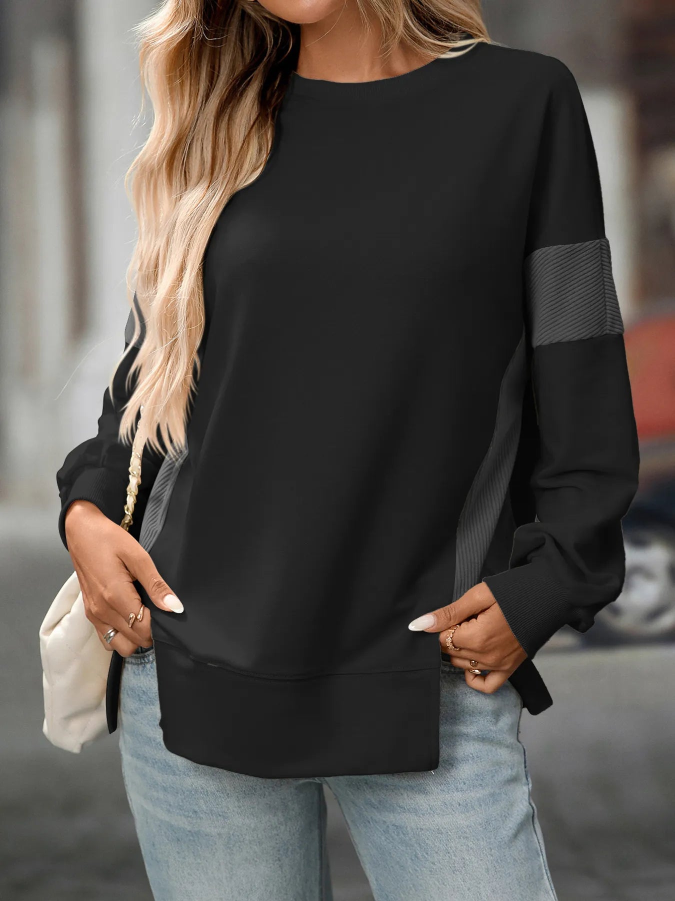 Trendsi Slit Round Neck Long Sleeve Sweatshirt Black