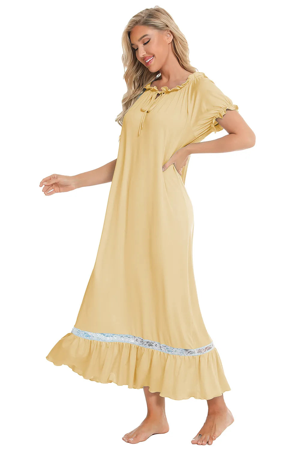 Lace Detail Short Sleeve Lounge Dress Easy Apparels