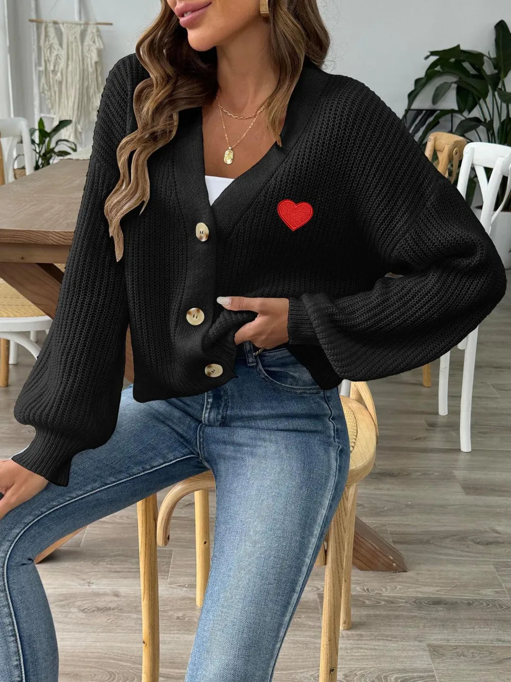 Heart Button Down V-Neck Long Sleeve Cardigan Easy Apparels