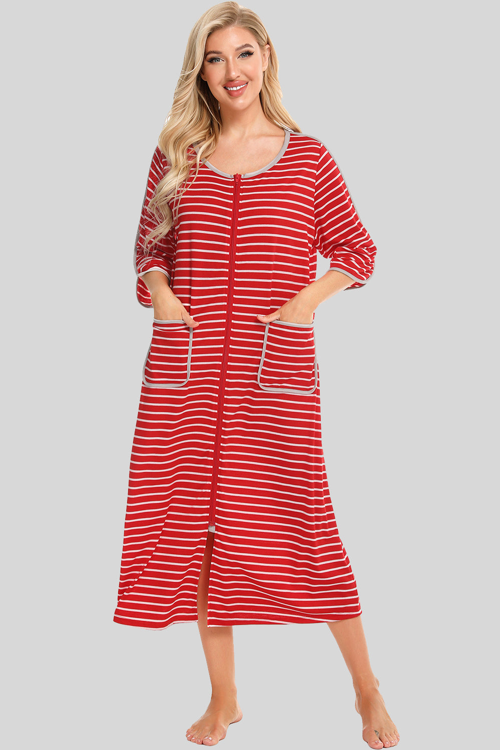 Round Neck Three-Quarter Sleeve Midi Night Dress Deep Red Easy Apparels