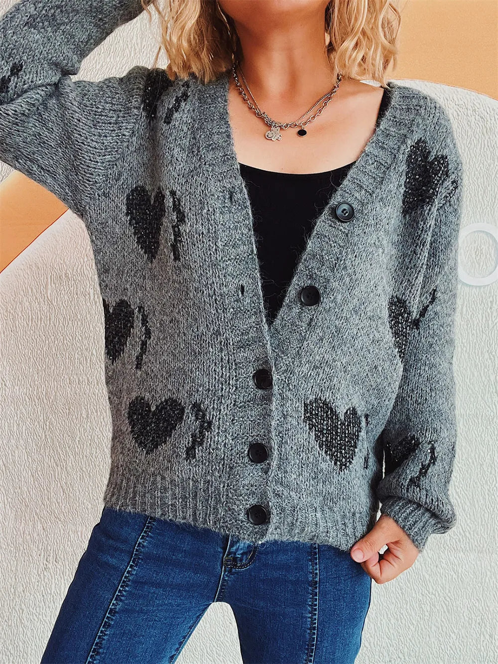 Heart Button Up Long Sleeve Cardigan Easy Apparels