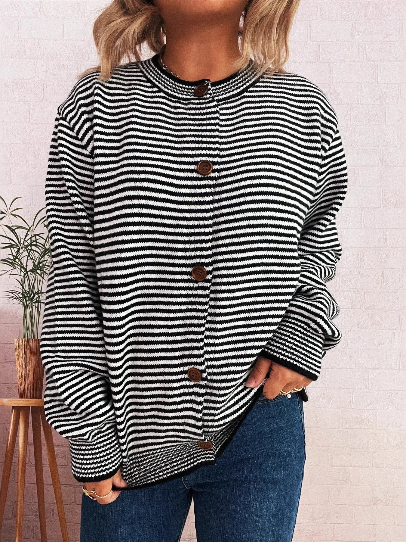 Striped Button Up Long Sleeve Cardigan Easy Apparels