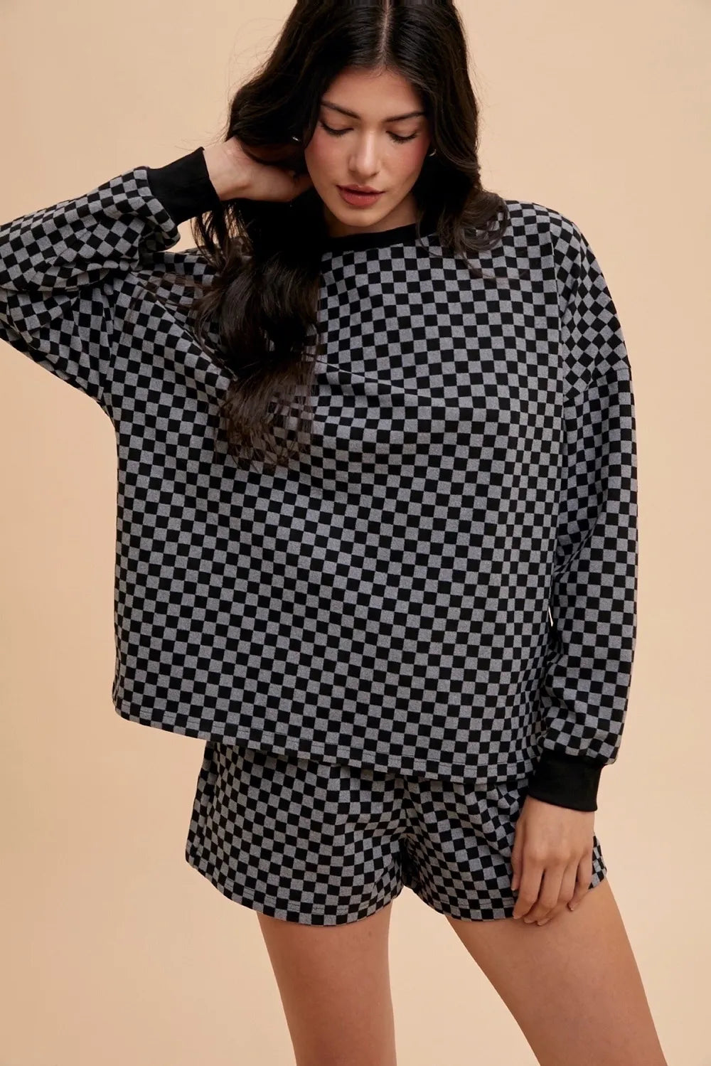 Annie Wear Checkered Round Neck Top and Drawstring Shorts Set Easy Apparels