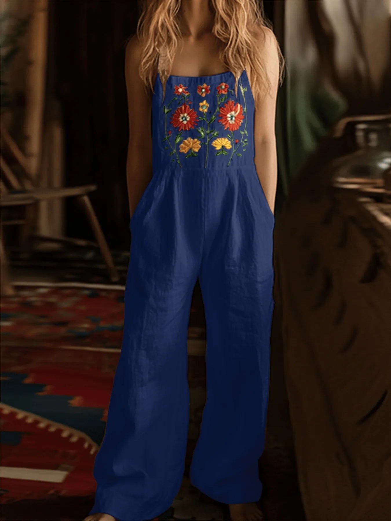 Floral Embroidered Wide Leg Jumpsuit Easy Apparels