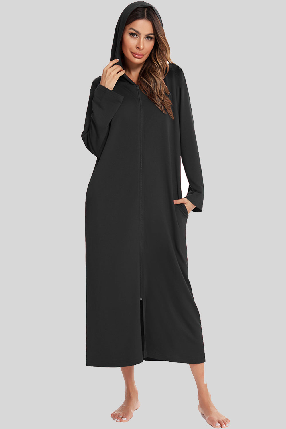 Zip Front Hooded Night Dress with Pockets Black Easy Apparels