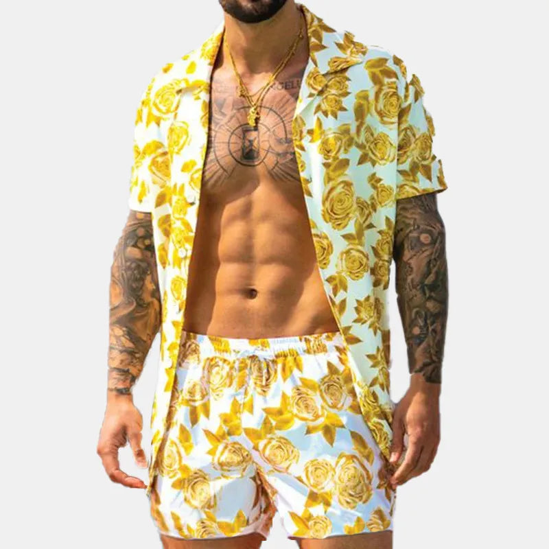 Men's Full Size Button Up Shirt and Shorts Set Plus Size Yellow Easy Apparels