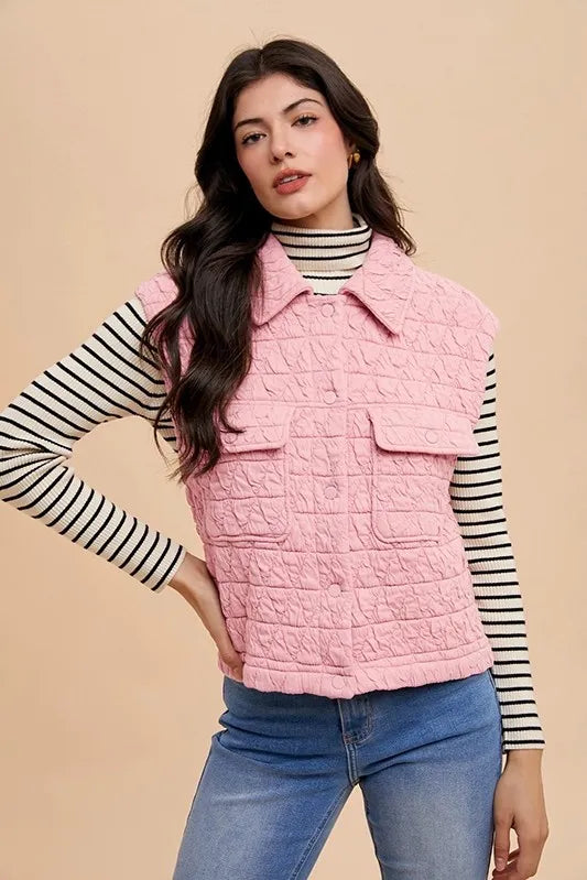 Annie Wear Texture Quilted Snap Down Vest Coat Easy Apparels