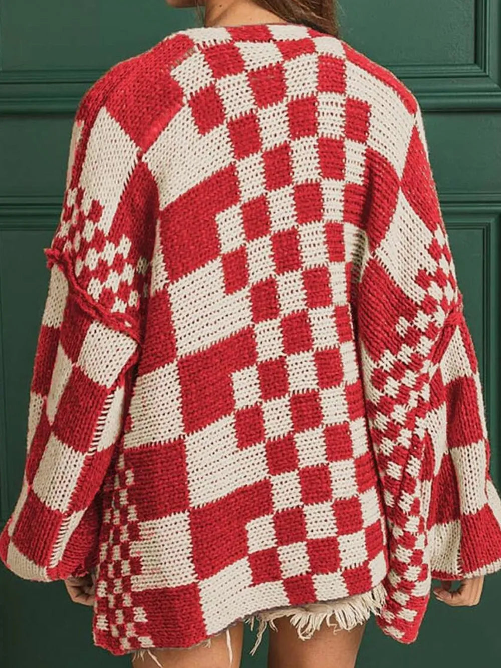 Checkered Open Front Long Sleeve Cardigan Easy Apparels