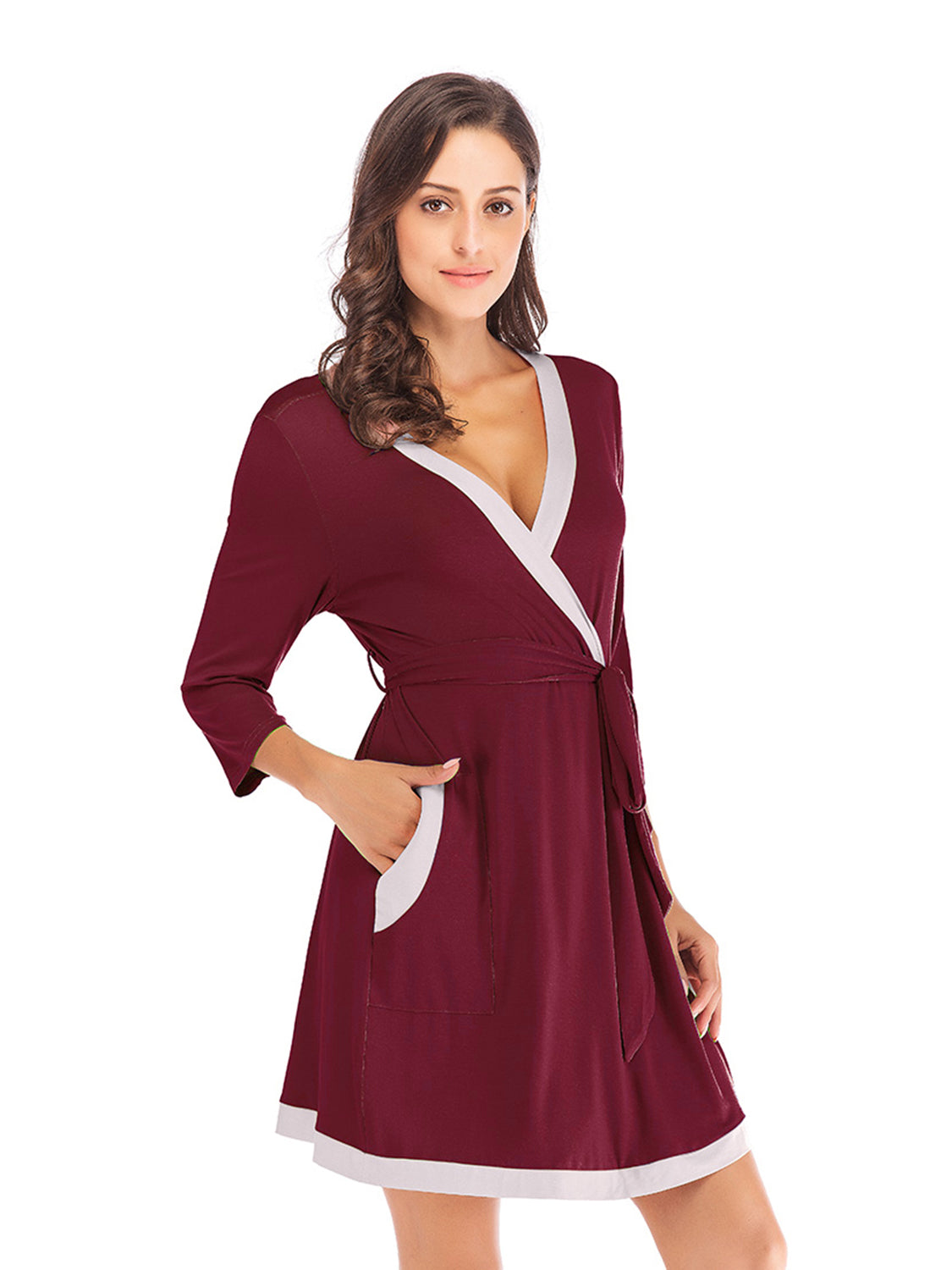 Tie Waist Surplice Neck Robe with Pockets Easy Apparels