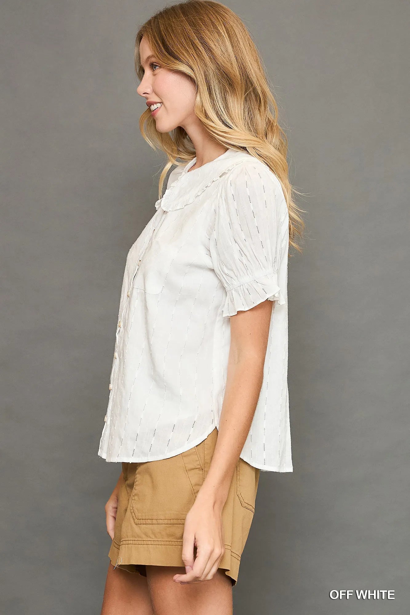 Trendsi Umgee Peter Pan Collared Button Down Textured Shirt with Ruffled Deatil