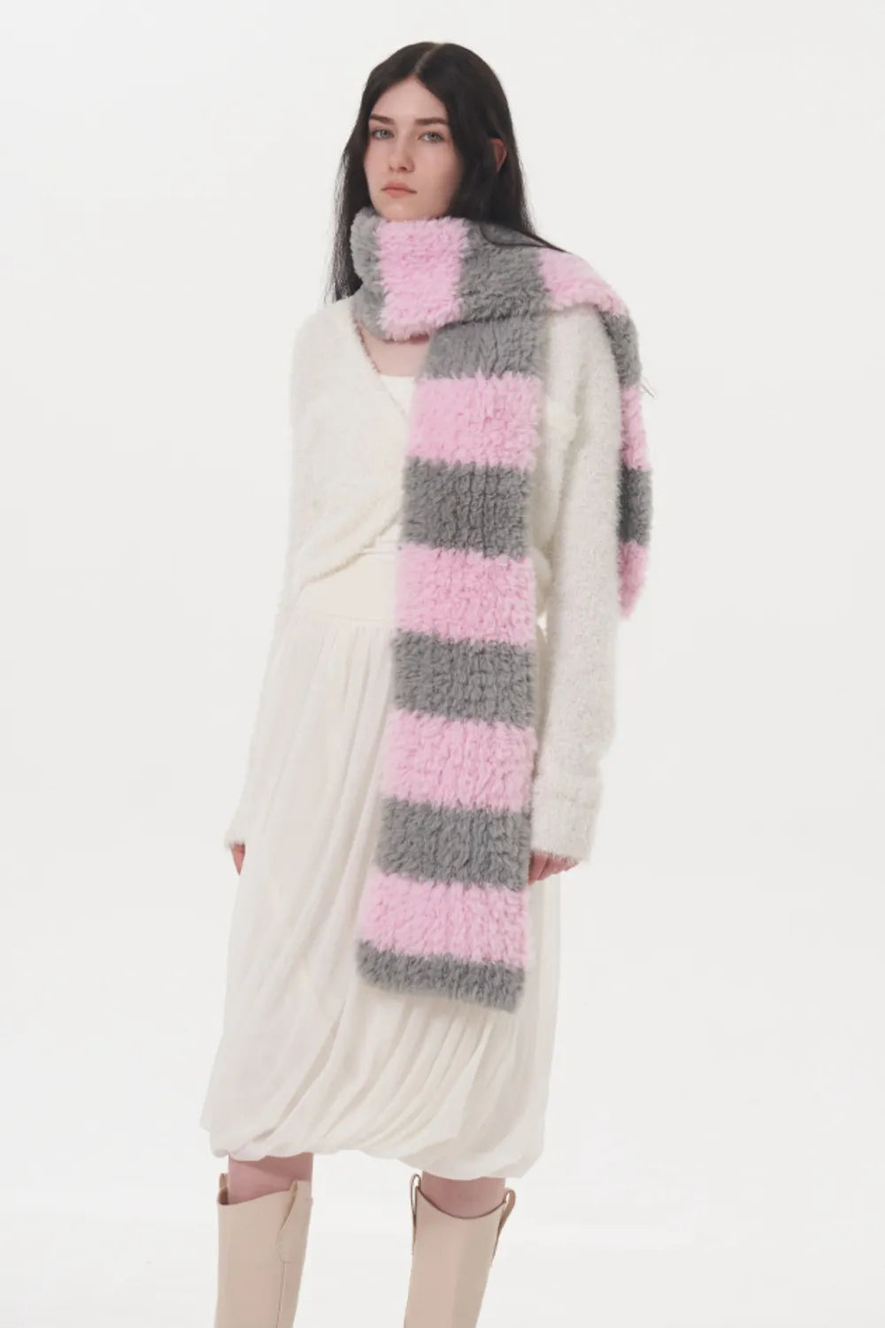 Fuzzy Contrast Striped Scarf Pink One Size Easy Apparels