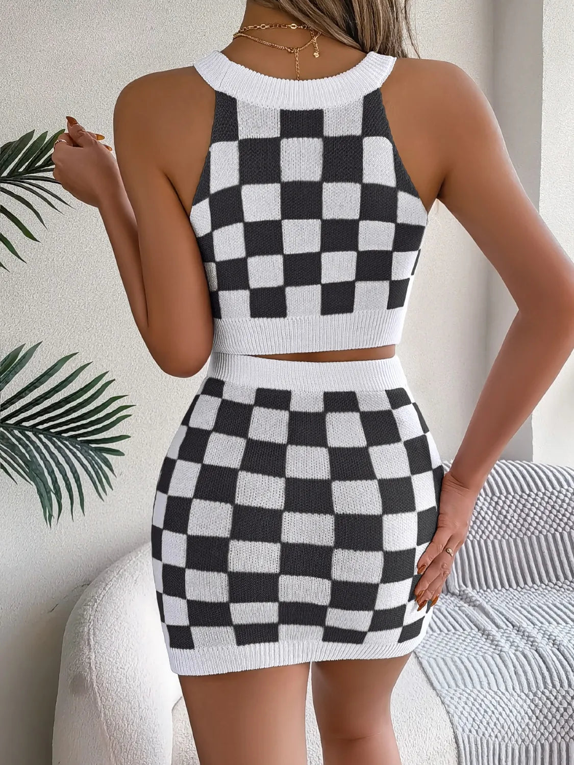 Checkered Grecian Neck Cami and Skirt Sweater Set Easy Apparels