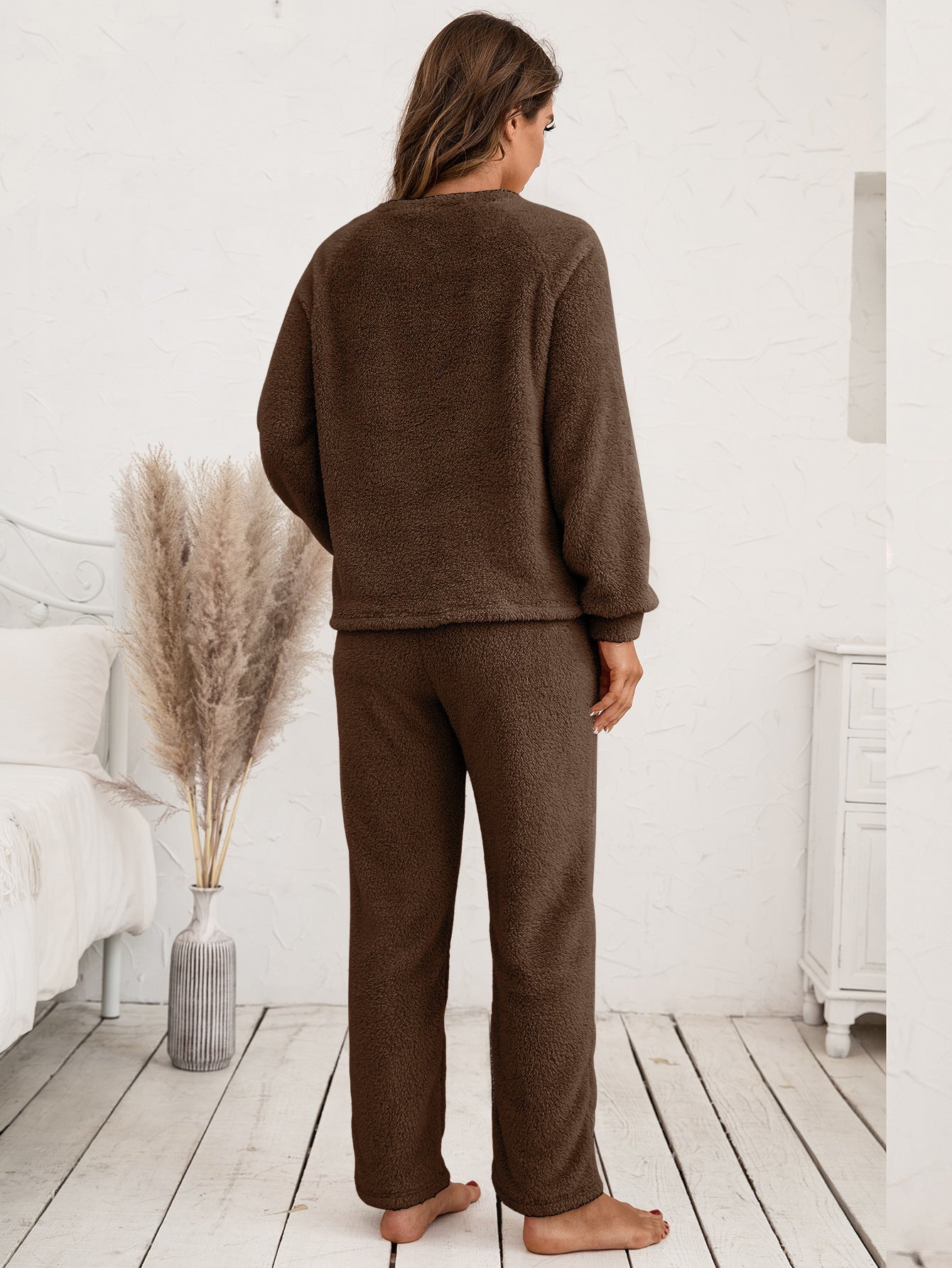 Ivy Lane Teddy Long Sleeve Top and Pants Lounge Set Easy Apparels