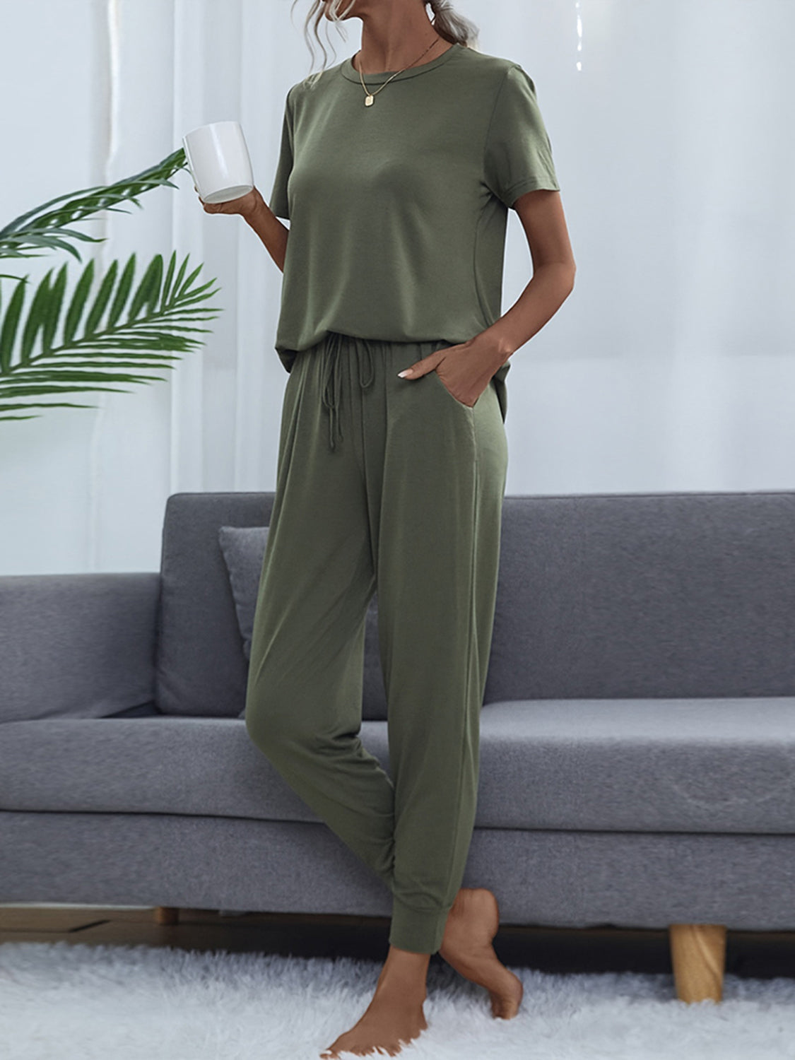 Shiny Round Neck Short Sleeve Top and Pants Set Easy Apparels