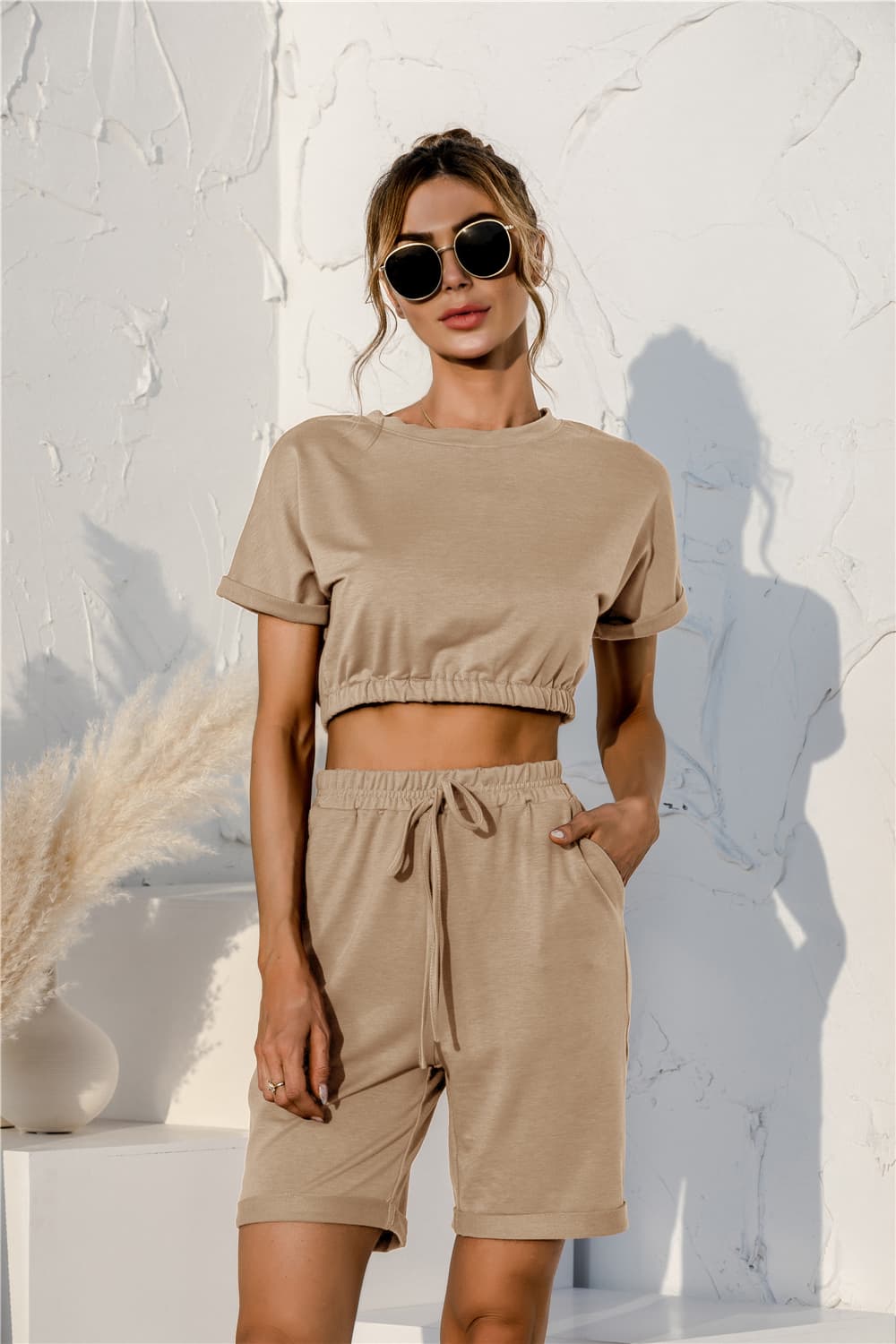 Short Sleeve Cropped Top and Drawstring Shorts Lounge Set Tan Easy Apparels