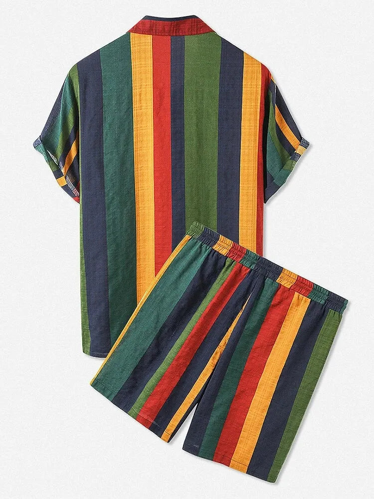Men's Full Size Striped Button Up Shirt and Shorts Set Plus Size Easy Apparels