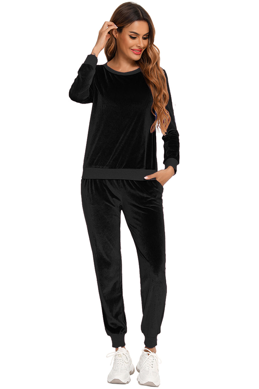 Round Neck Long Sleeve Loungewear Set with Pockets Easy Apparels