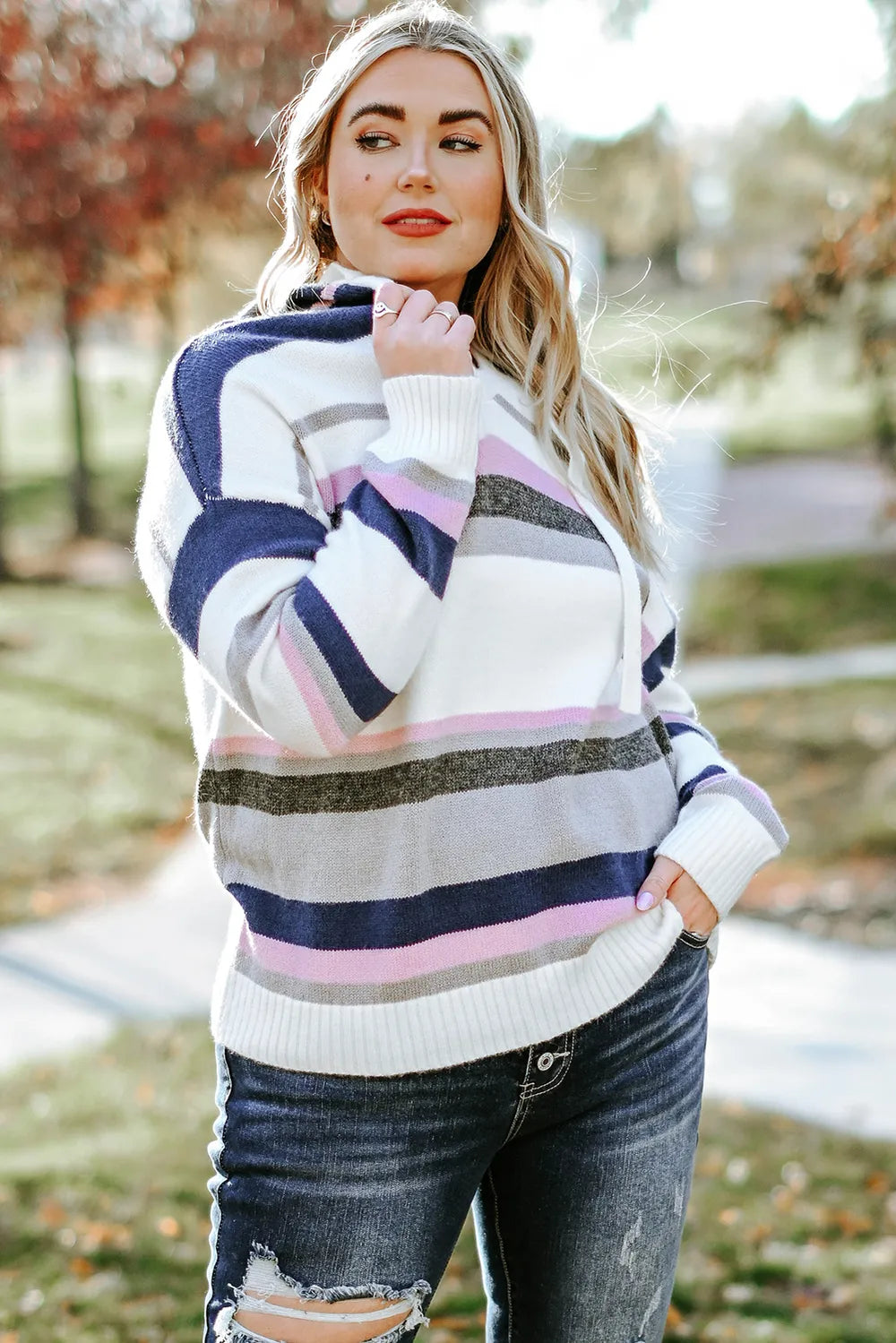 Plus Size Striped Long Sleeve Hooded Sweater Easy Apparels